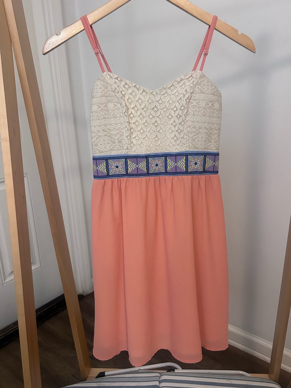 Flying Tomato Coral and Cream Lace Bodice Sundress with‎ Embroidered Waistband